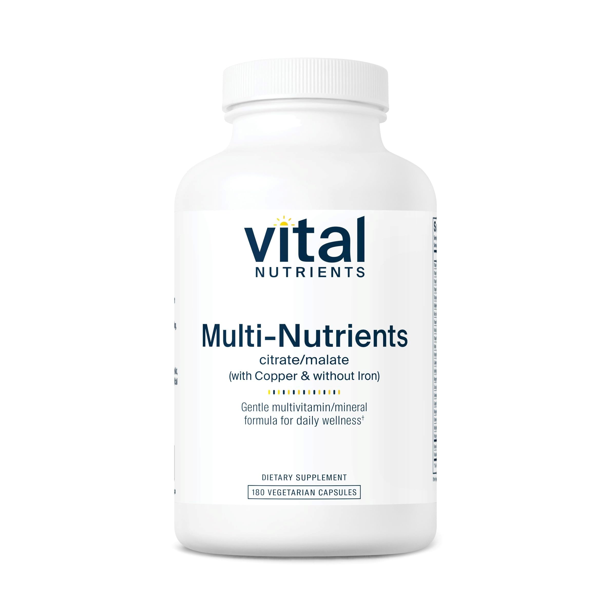 Bottle of Vital Nutrients Multi-Nutrients 2 with citrate/malate minerals, copper, no iron - 180 vegetarian capsules