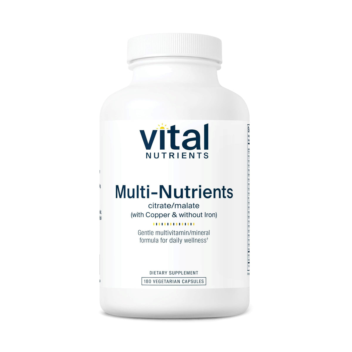 Bottle of Vital Nutrients Multi-Nutrients 2 with citrate/malate minerals, copper, no iron - 180 vegetarian capsules