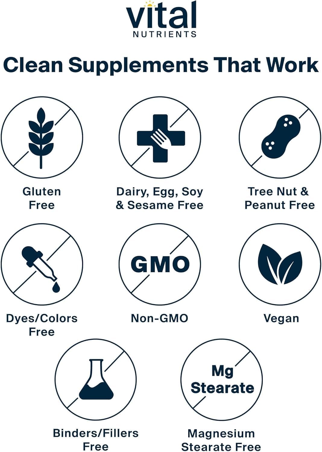 Vital Nutrients packaging back shows ingredients and allergen-free claims