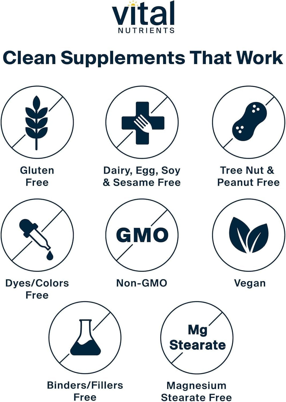 Vital Nutrients packaging back shows ingredients and allergen-free claims