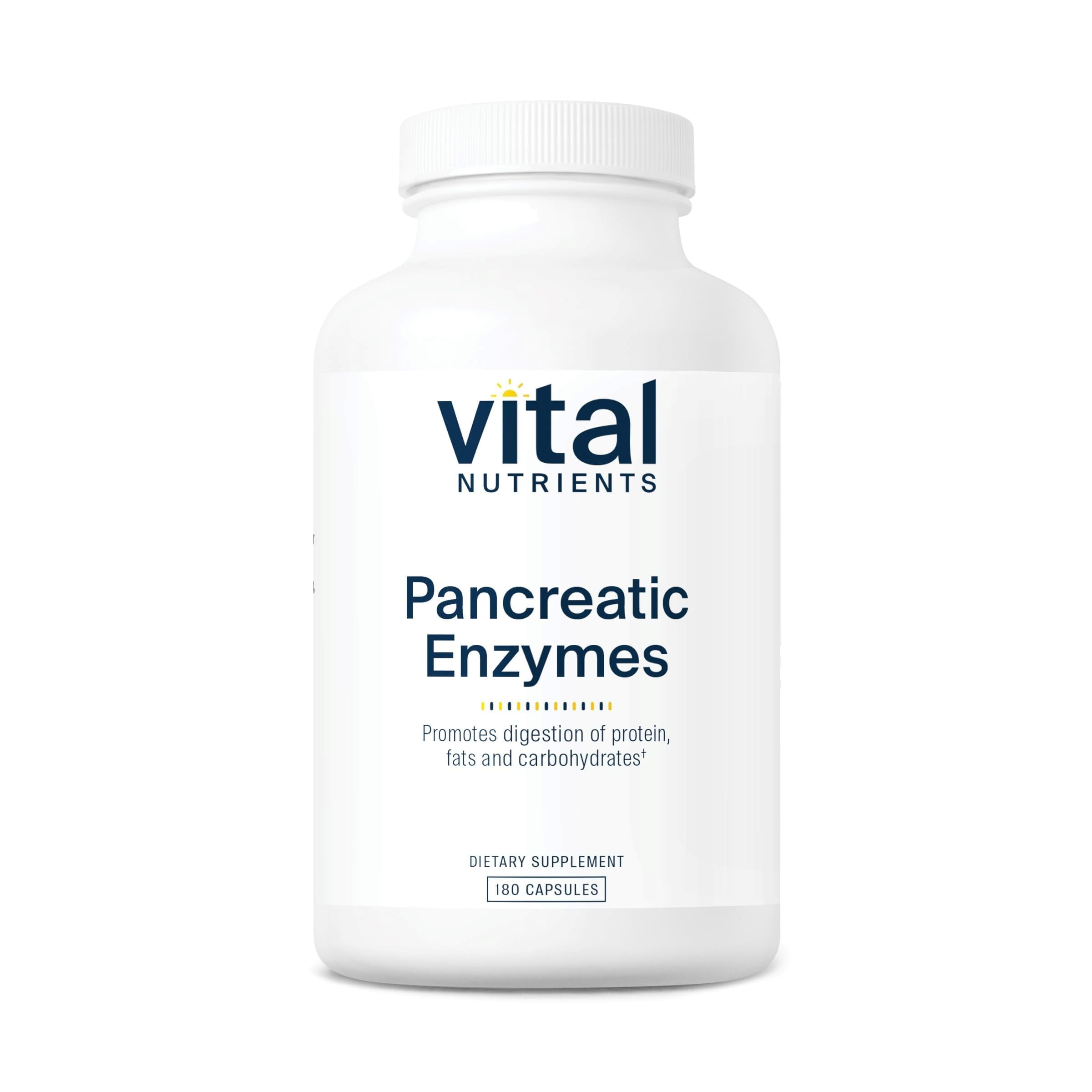 Vital Nutrients Pancreatic Enzymes bottle front view supporting daily digestion.