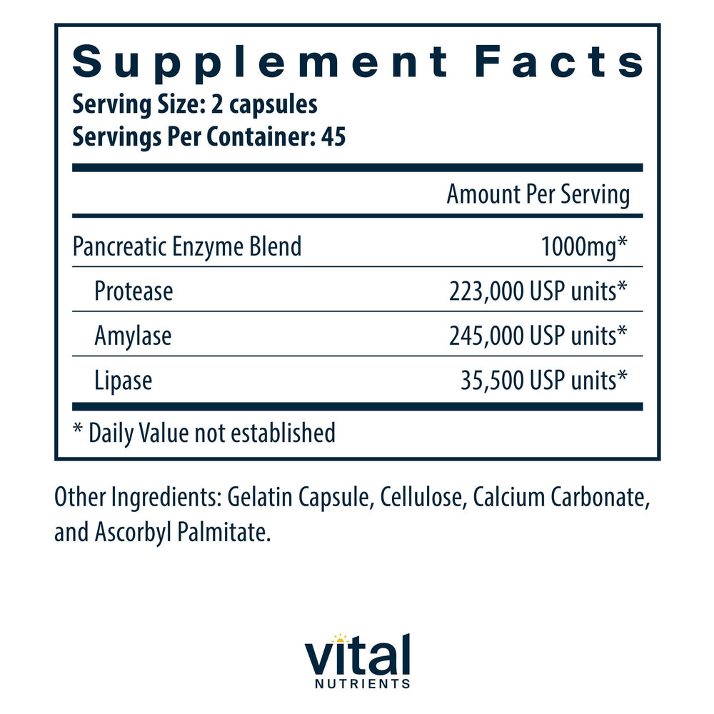Vital Nutrients Pancreatic Enzymes capsules close-up for smoother digestion during larger meals