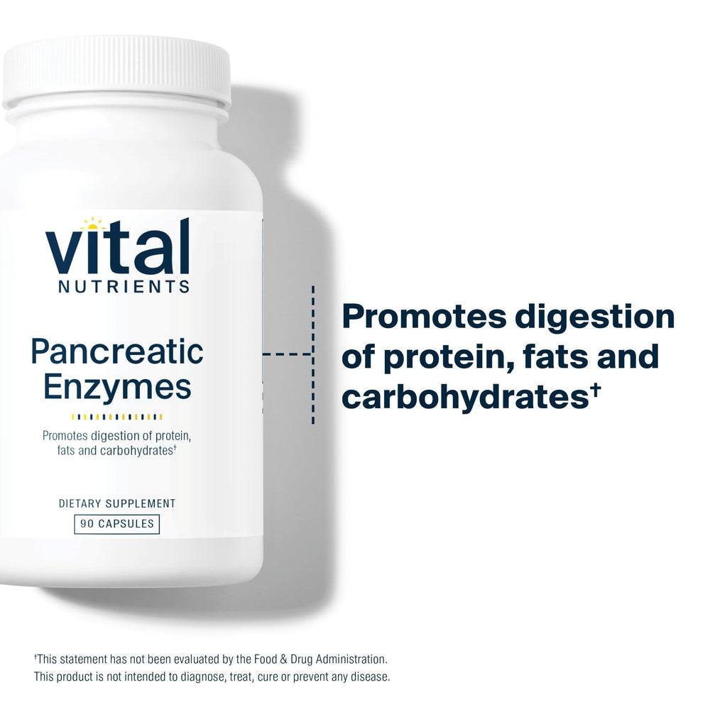 Vital Nutrients Pancreatic Enzymes ingredient panel highlights protease, lipase and amylase for balanced digestion