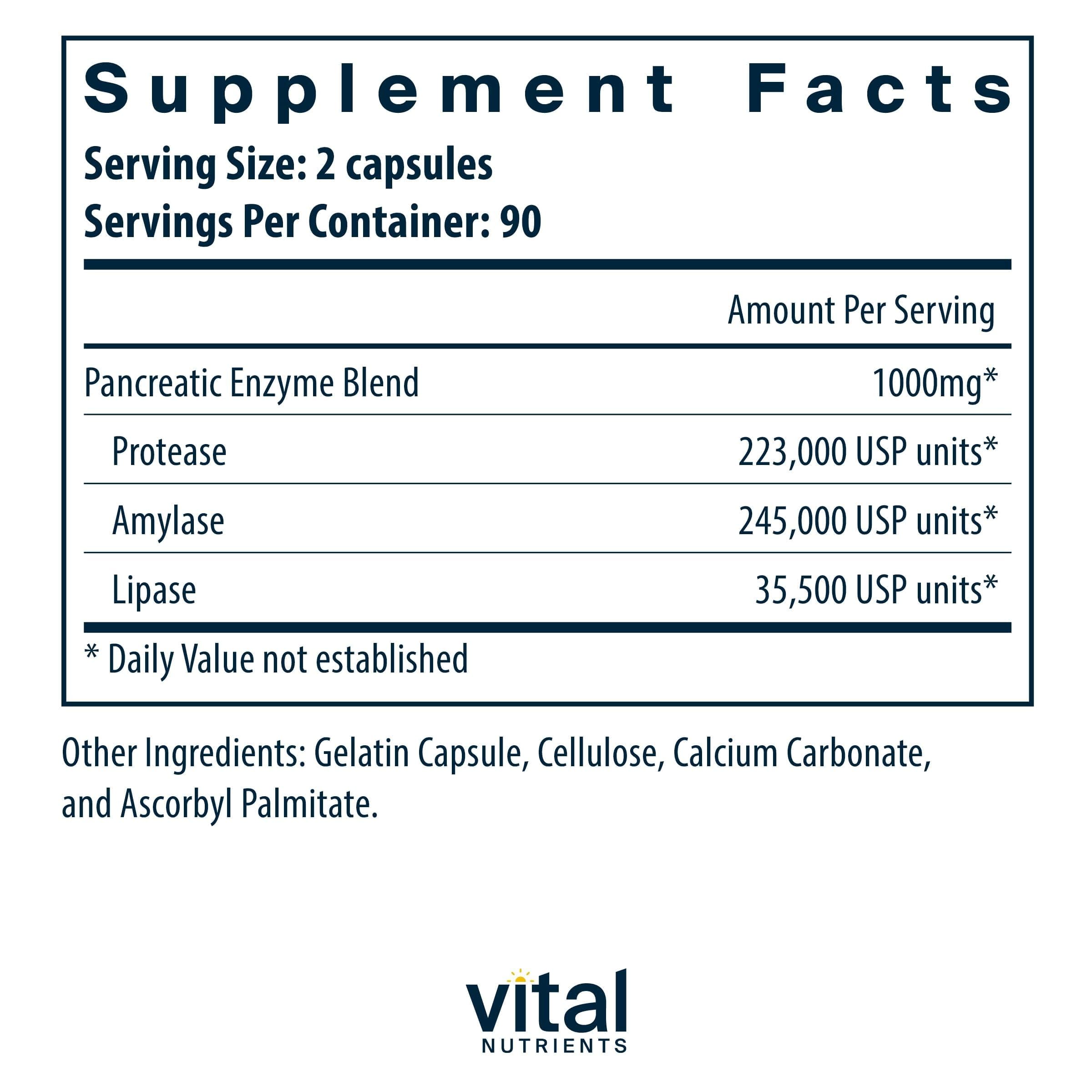 Vital Nutrients Pancreatic Enzymes ingredients label for transparent formulation.
