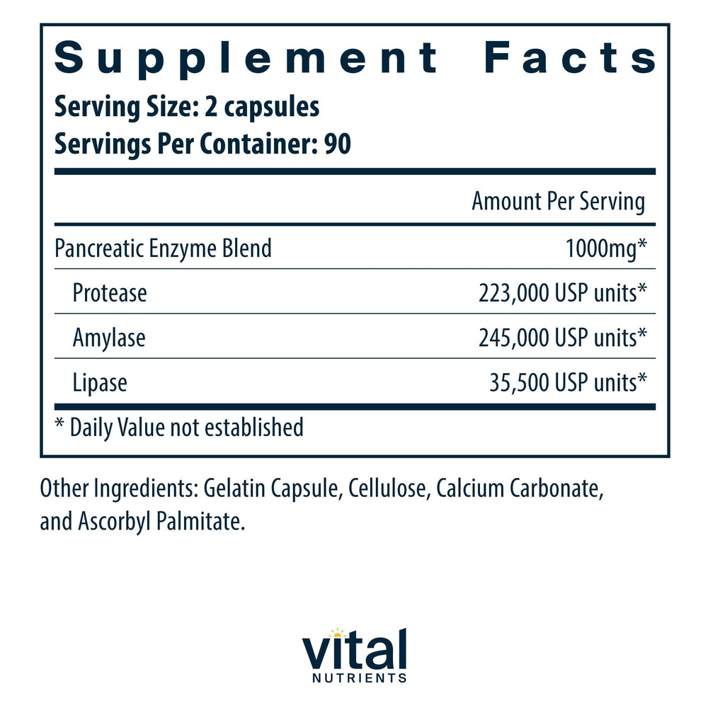 Vital Nutrients Pancreatic Enzymes ingredients label for transparent formulation.