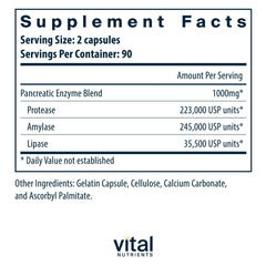 Vital Nutrients Pancreatic Enzymes ingredients label for transparent formulation.