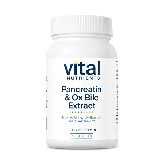 Front view of Vital Nutrients Pancreatin & Ox Bile Extract 500mg bottle, 60 capsules