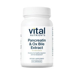 Front view of Vital Nutrients Pancreatin & Ox Bile Extract 500mg bottle, 60 capsules