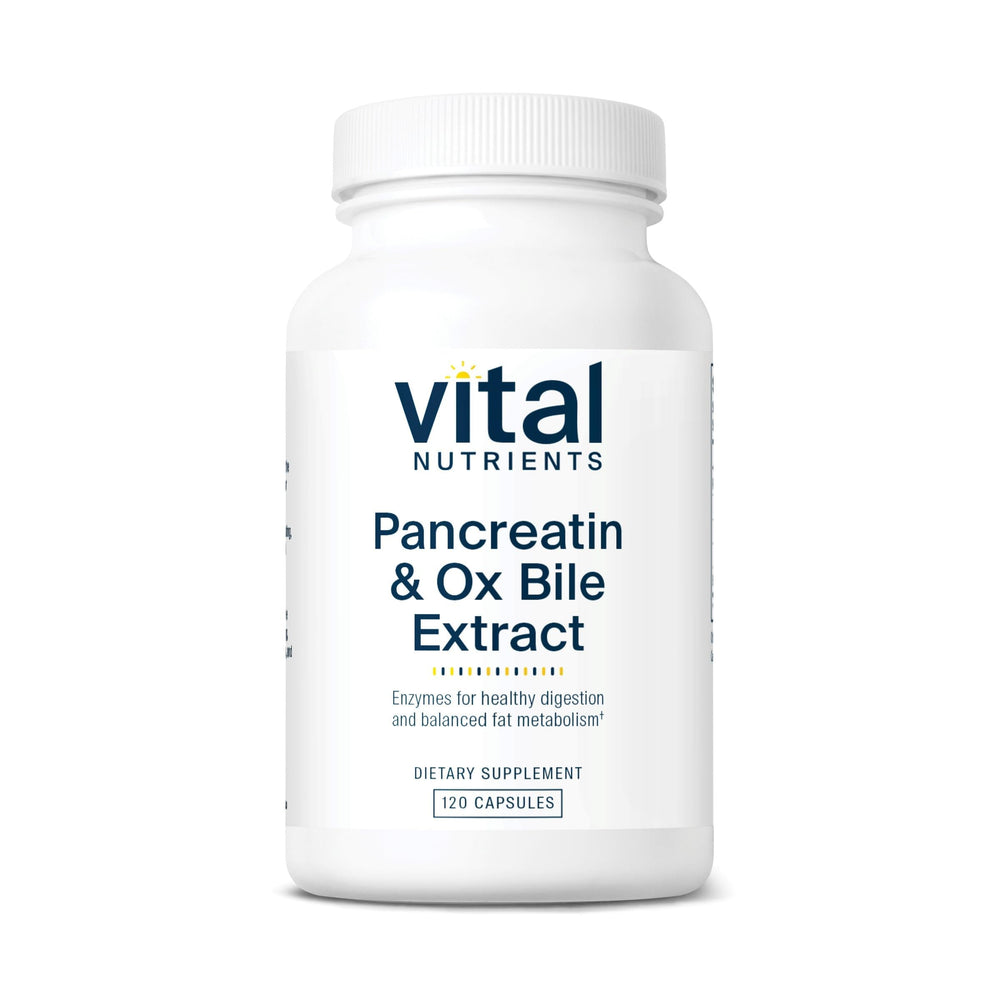 Vital Nutrients pancreatin-ox-bile-500mg bottle front for digestion support.