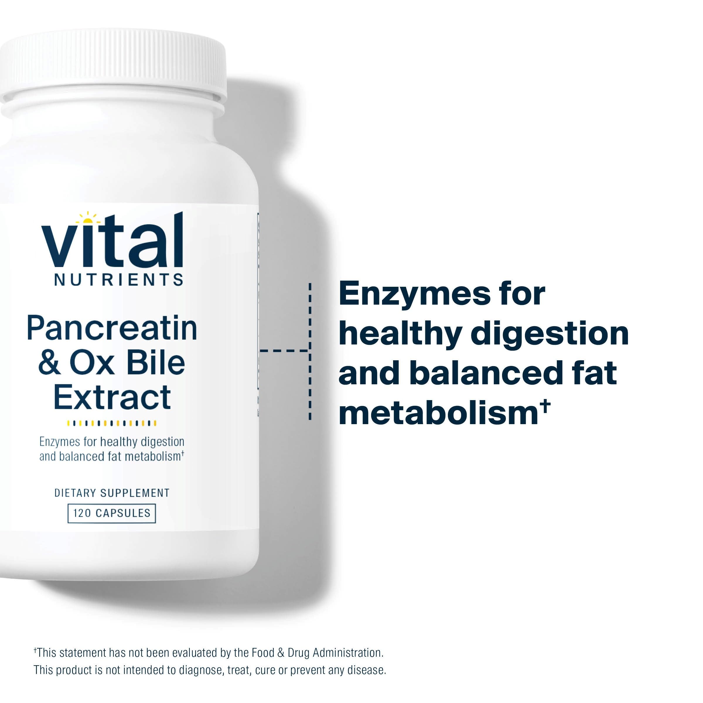 Front view of Vital Nutrients pancreatin ox bile 500mg capsules bottle