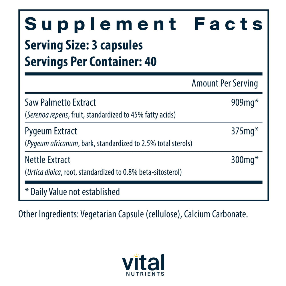 Vital Nutrients Pygeum extract capsules in a herbal blend for men's urinary comfort
