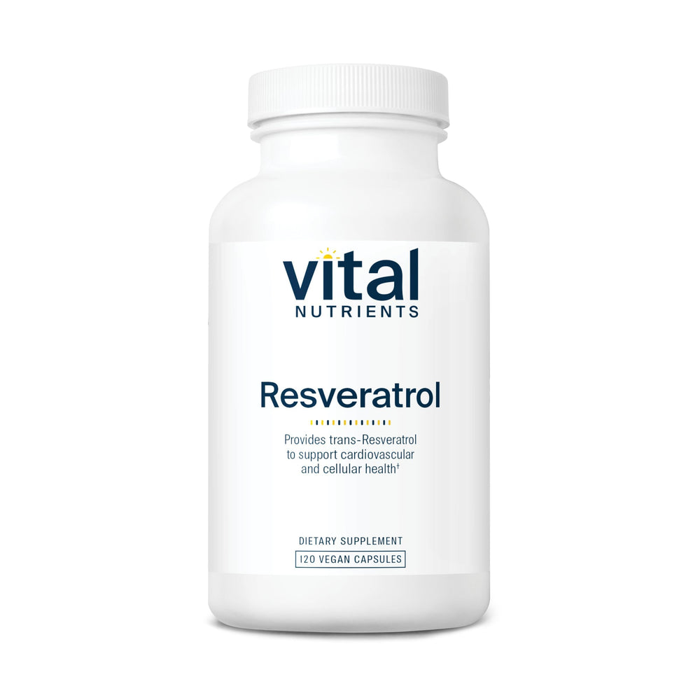 Vital Nutrients Resveratrol bottle pouring capsules for cardiovascular wellness support.