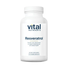 Vital Nutrients Resveratrol bottle pouring capsules for cardiovascular wellness support.