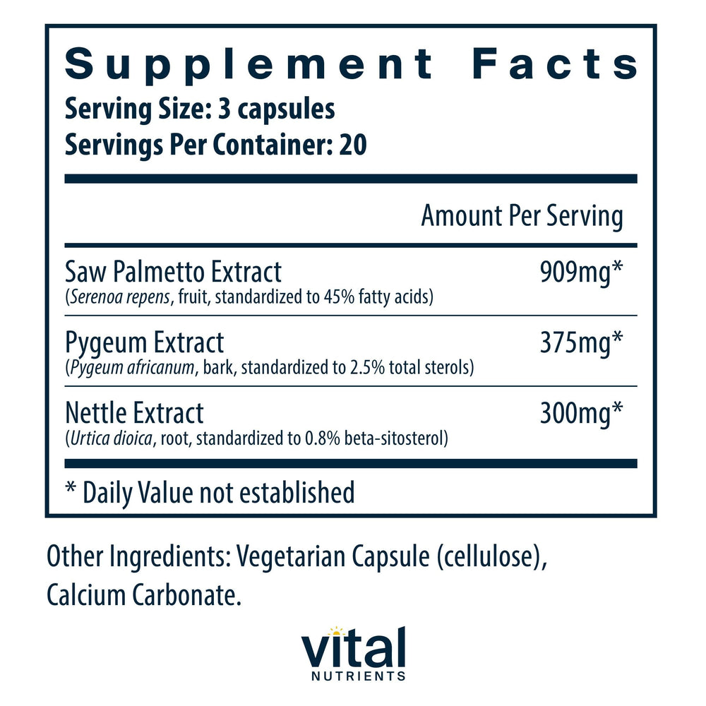 Vital Nutrients Saw Palmetto capsules in packaging for convenient daily use.