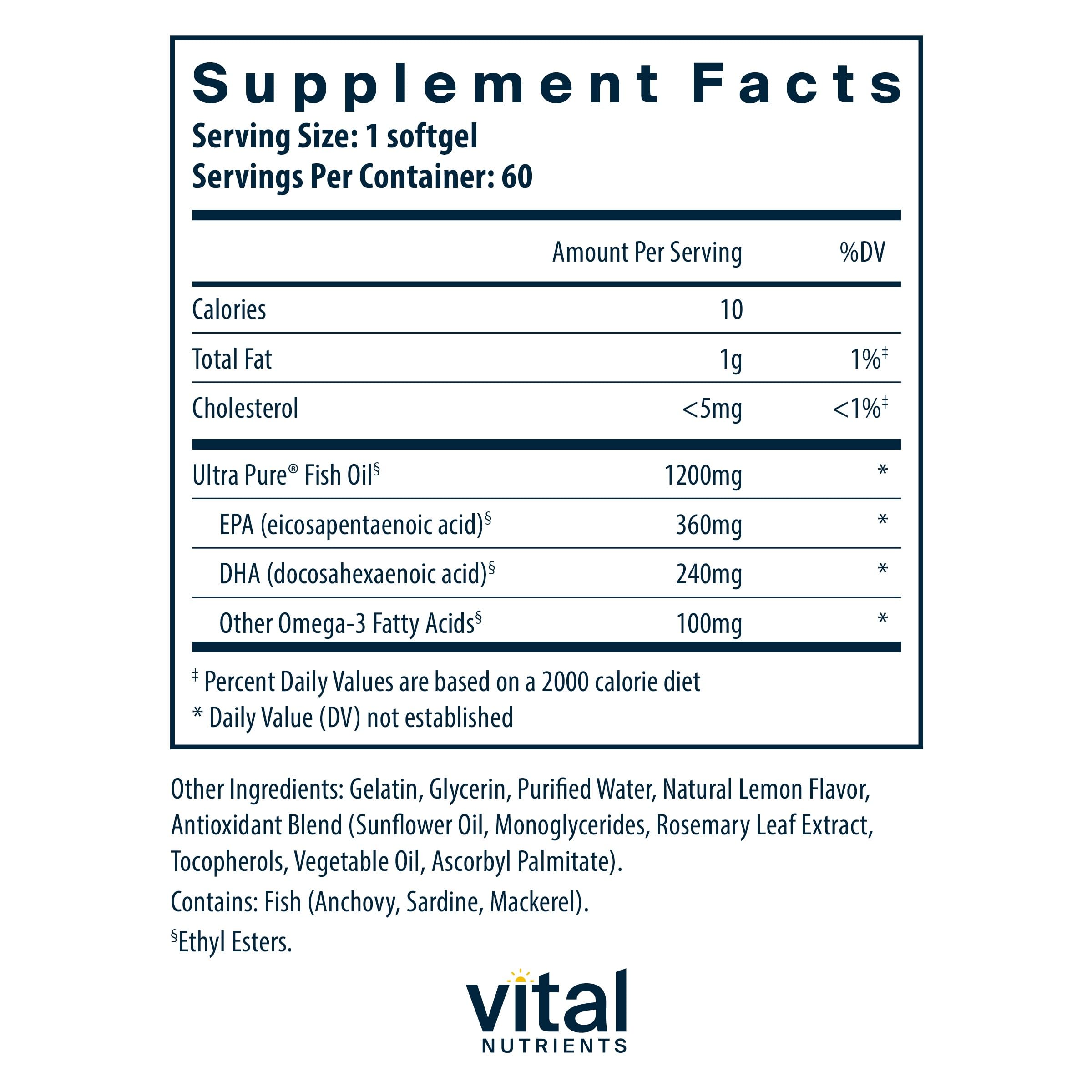 Close-up of the Ultra Pure Fish Oil 700 bottle label
