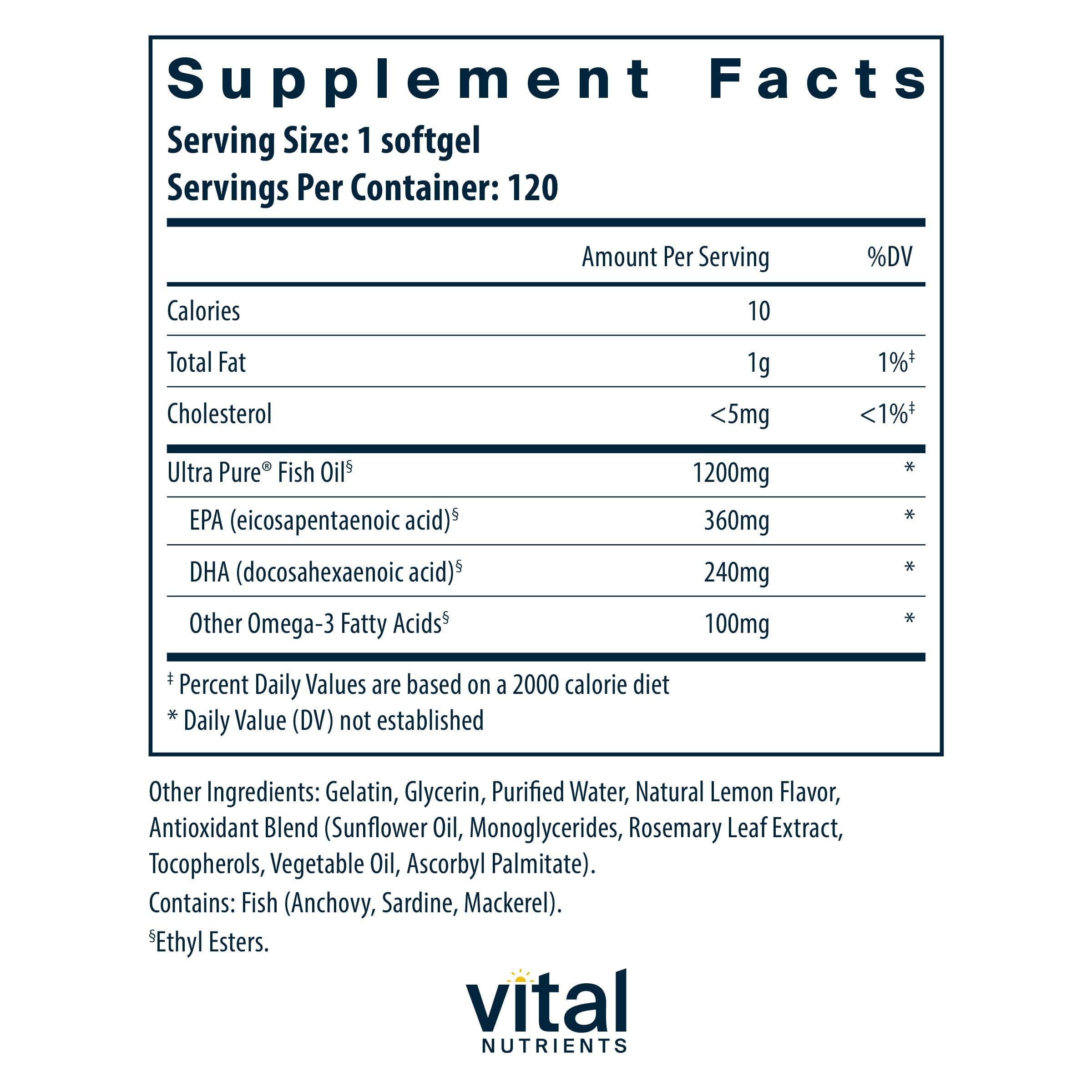 Vital Nutrients Ultra Pure Fish Oil 700 softgels, easy daily capsules for heart, brain, joints.