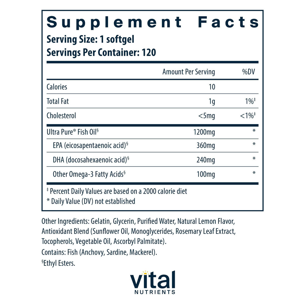 Vital Nutrients Ultra Pure Fish Oil 700 softgels, easy daily capsules for heart, brain, joints.