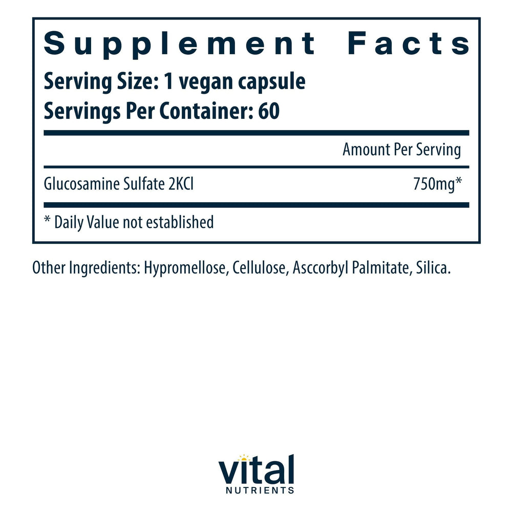 Label showing vegan glucosamine sulfate 750mg clean vegan formula