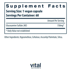 Label showing vegan glucosamine sulfate 750mg clean vegan formula