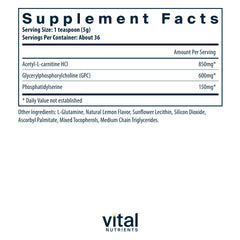 Vital Brain Powder lemon label and nutrition facts