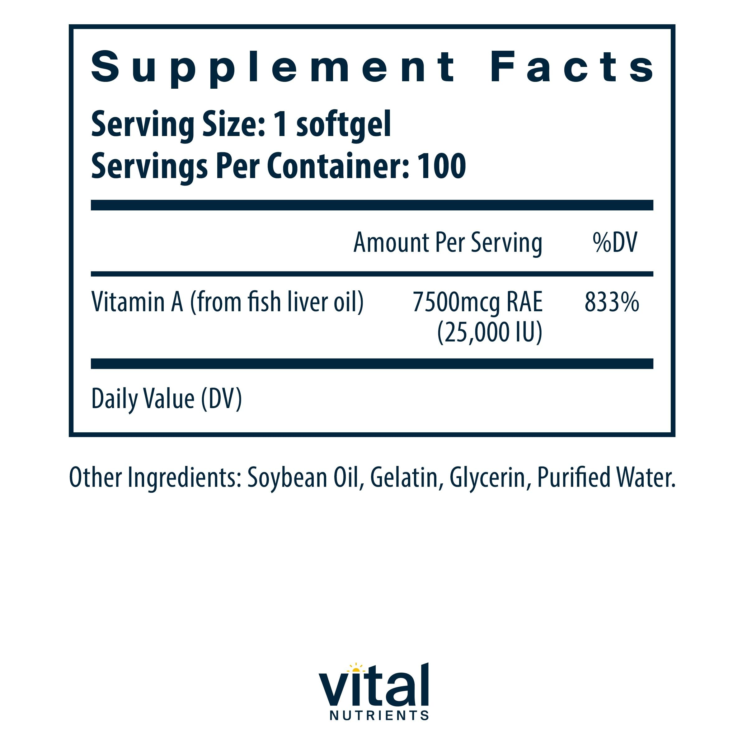 Vitamin A bottle label showing 7500mcg retinol per capsule