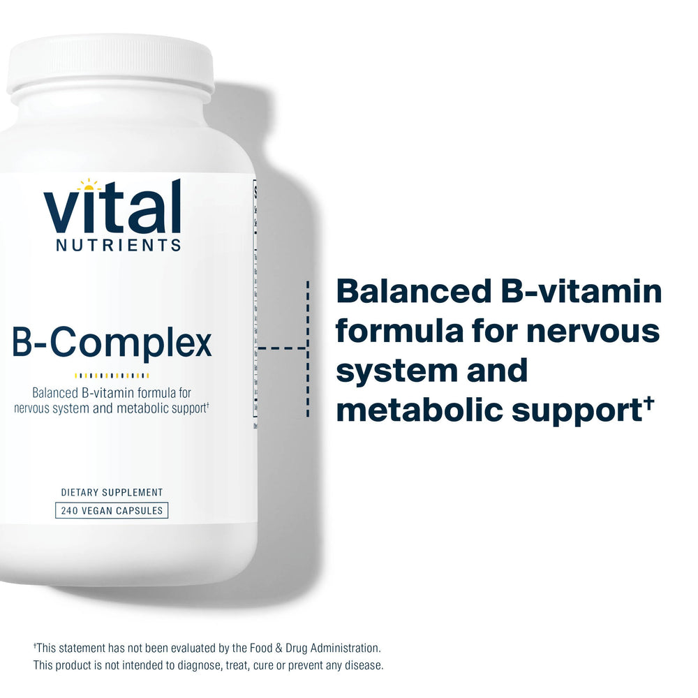 Vitamin B-Complex label displaying vegan and gluten-free marks