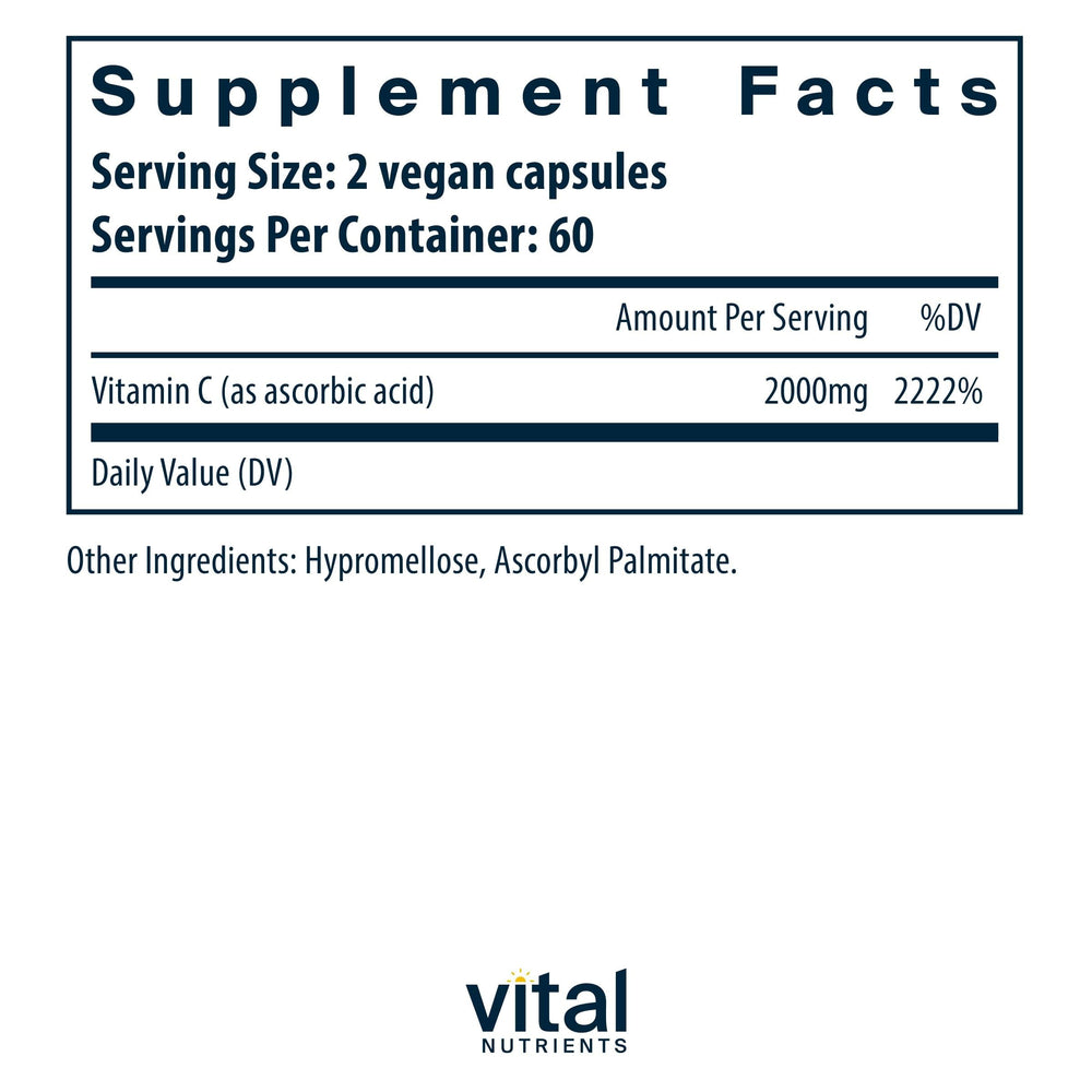 Label showing 1000mg pure ascorbic acid content