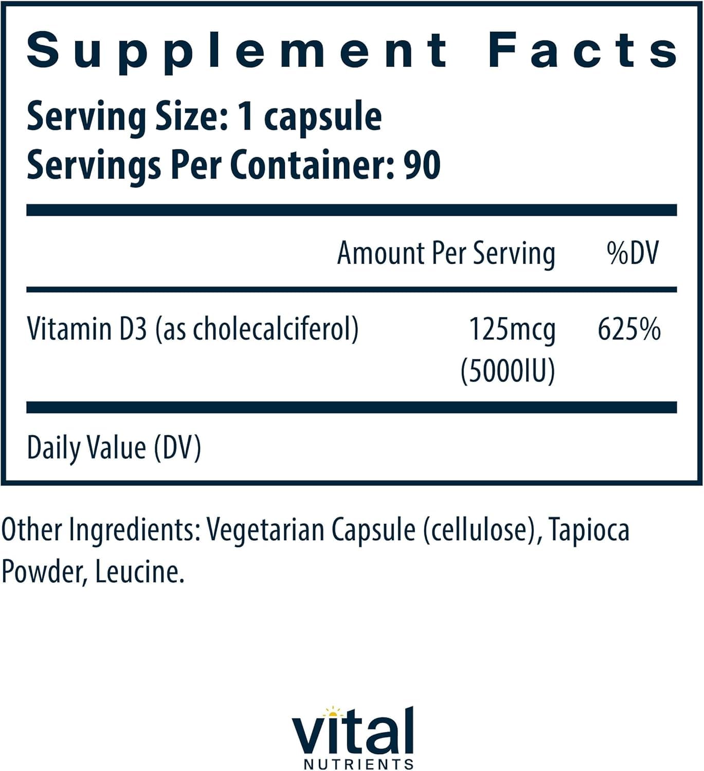 Vitamin D3 5000 IU capsules close-up label