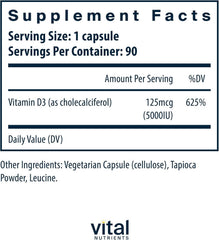 Vitamin D3 5000 IU capsules close-up label