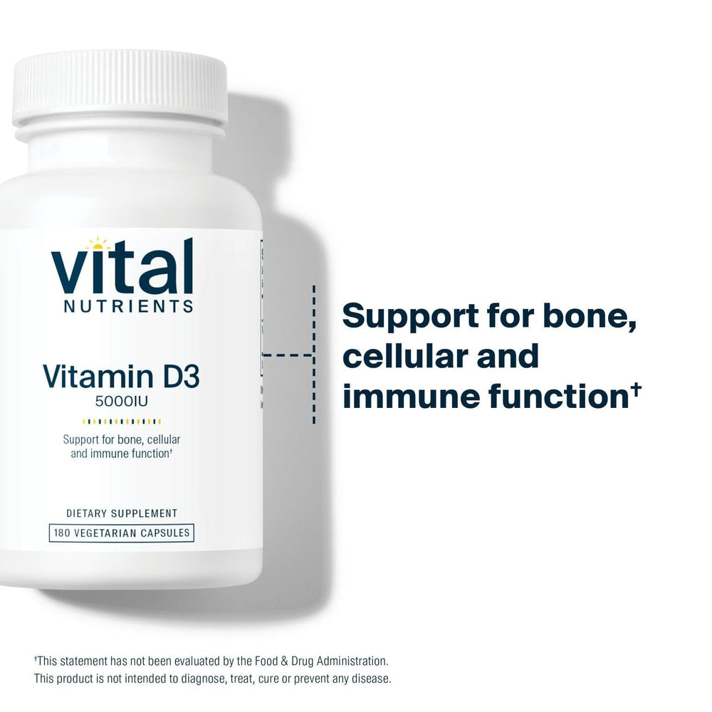 Vital Nutrients Vitamin D 5000 IU label detail highlighting clean, gluten-free formula