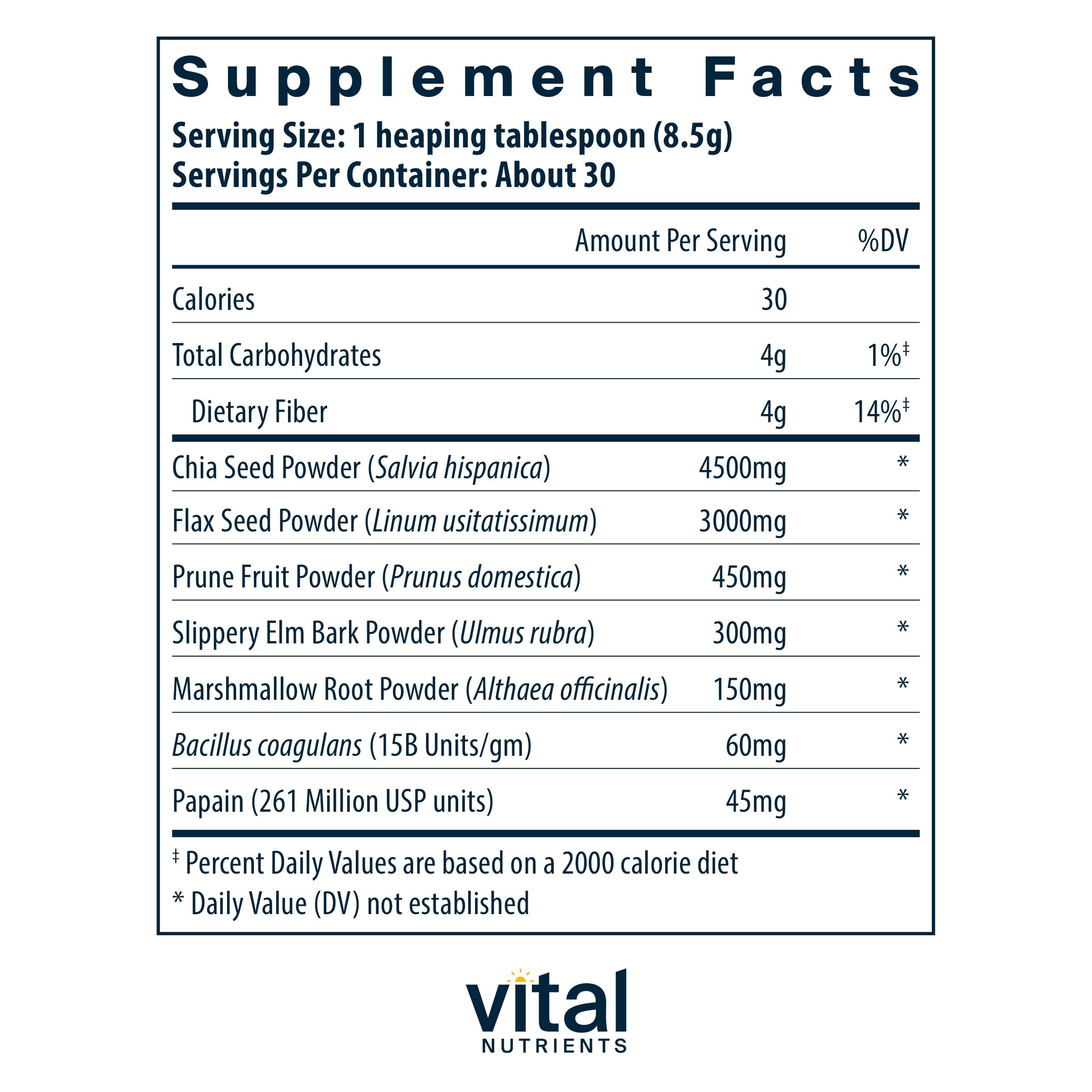 Back packaging of Vital Nutrients Whole Fiber Fusion Powder 261 g