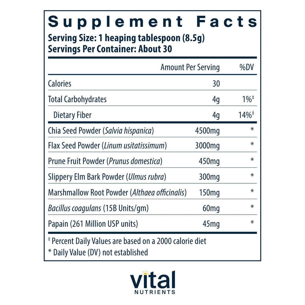 Back packaging of Vital Nutrients Whole Fiber Fusion Powder 261 g