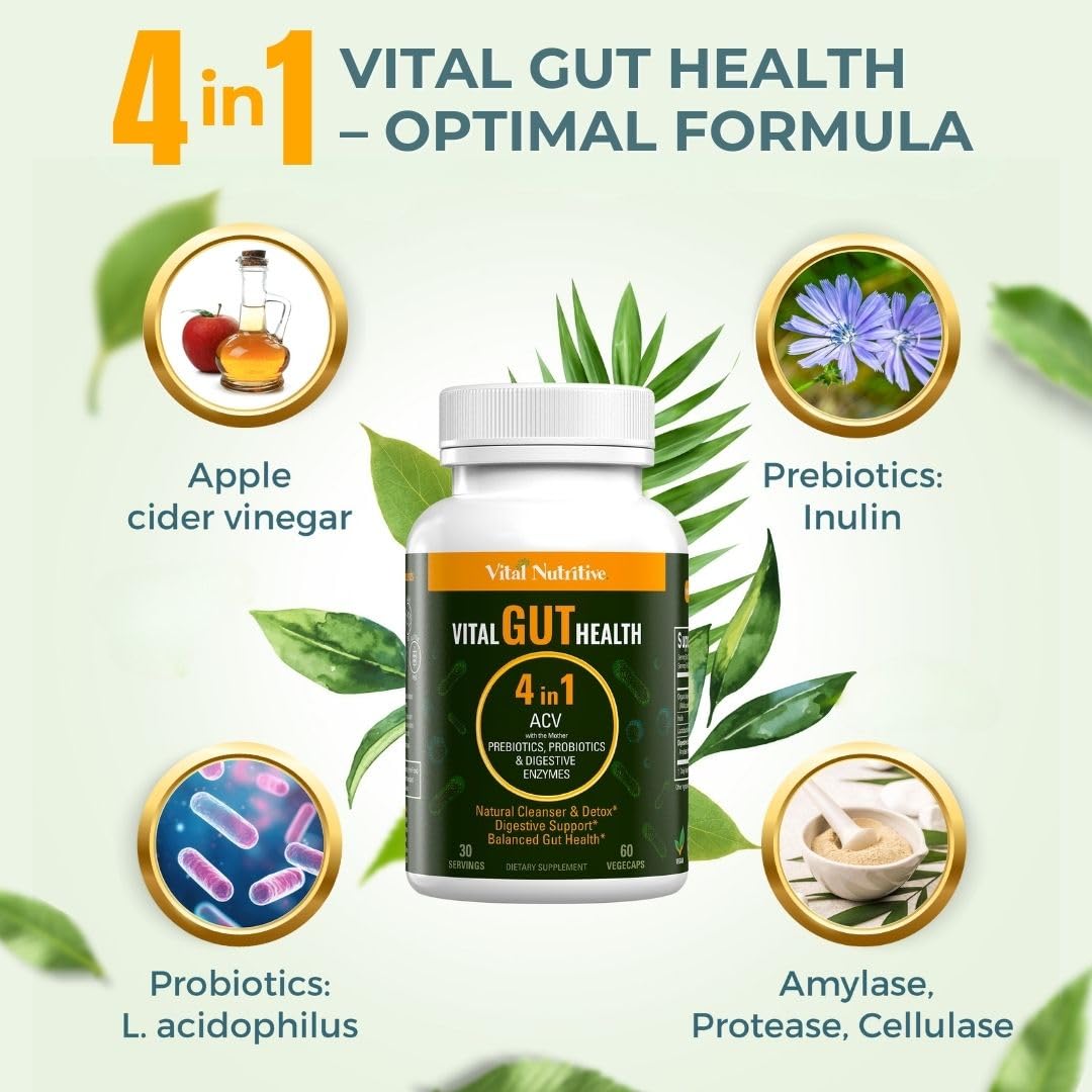 Vital Nutritive Vital Gut Health bottle-pour demonstrates easy daily dosing.