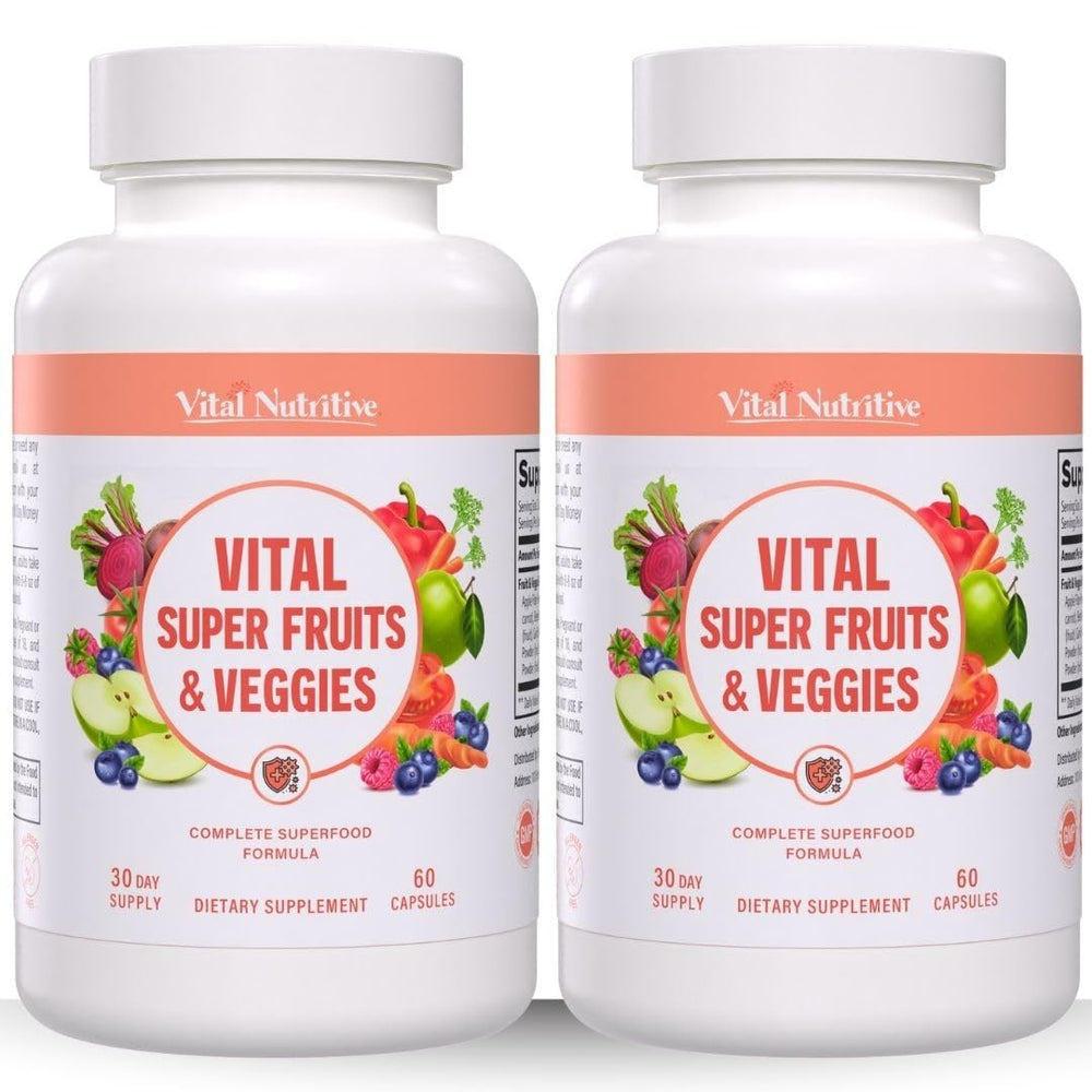 Vital Nutritive Vital Super Fruits & Veggies bottle front, daily immune support.
