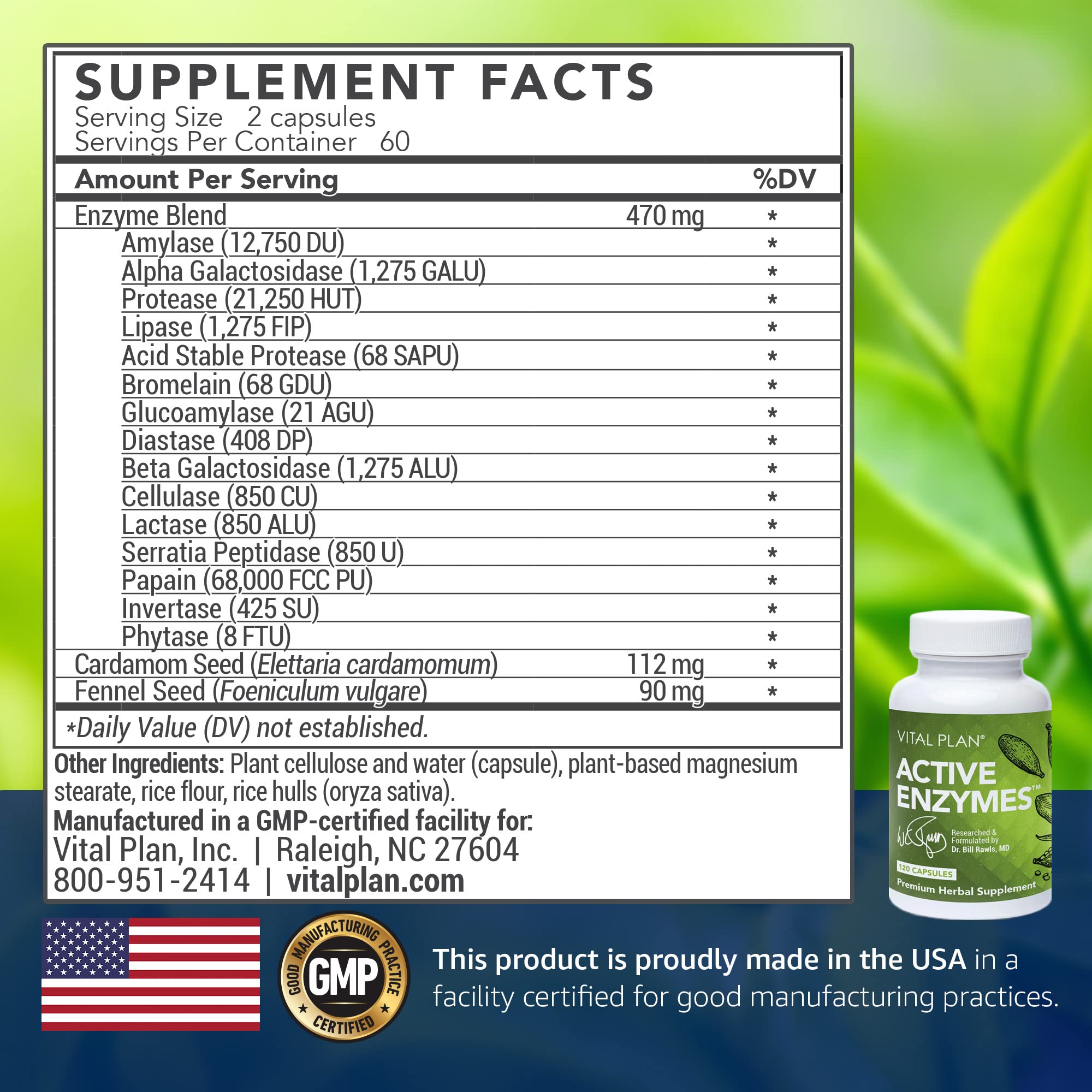 Close-up of Vital Plan Active Enzymes bottle showing 120 capsules