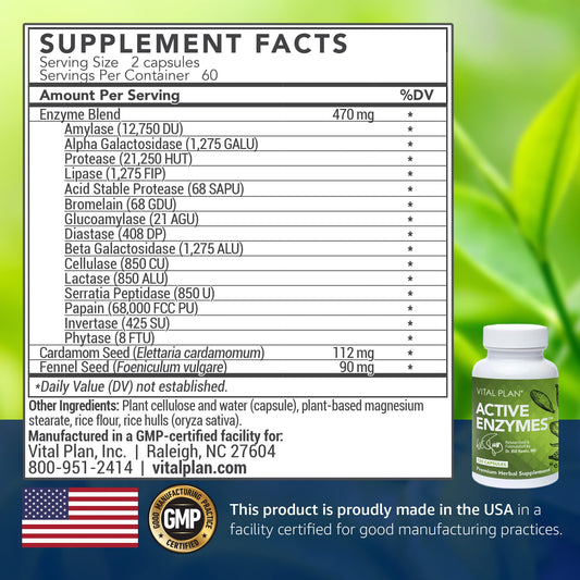 Close-up of Vital Plan Active Enzymes bottle showing 120 capsules