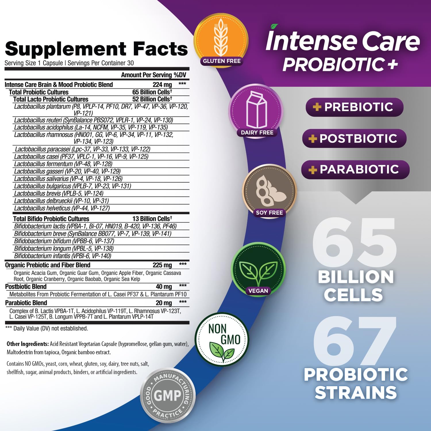 Label showing 65 Billion CFU and 67 probiotic strains on Vital Planet bottle