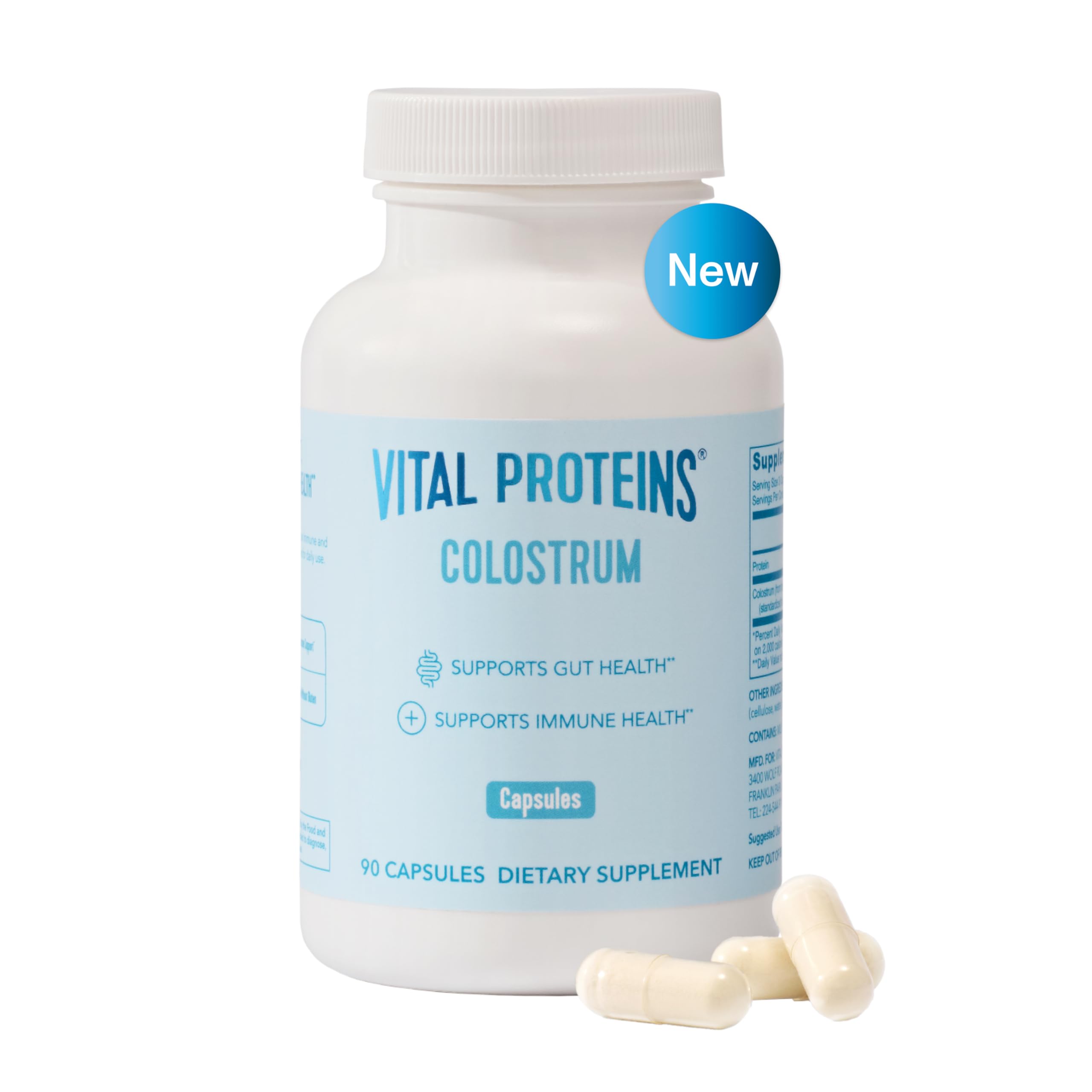 Vital Proteins Bovine Colostrum capsules front view for potential gut support