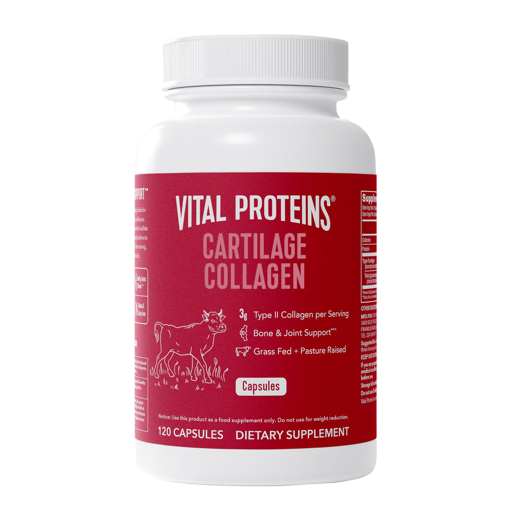 Vital Proteins Cartilage Capsules bottle shows easy daily dosing for joint support.