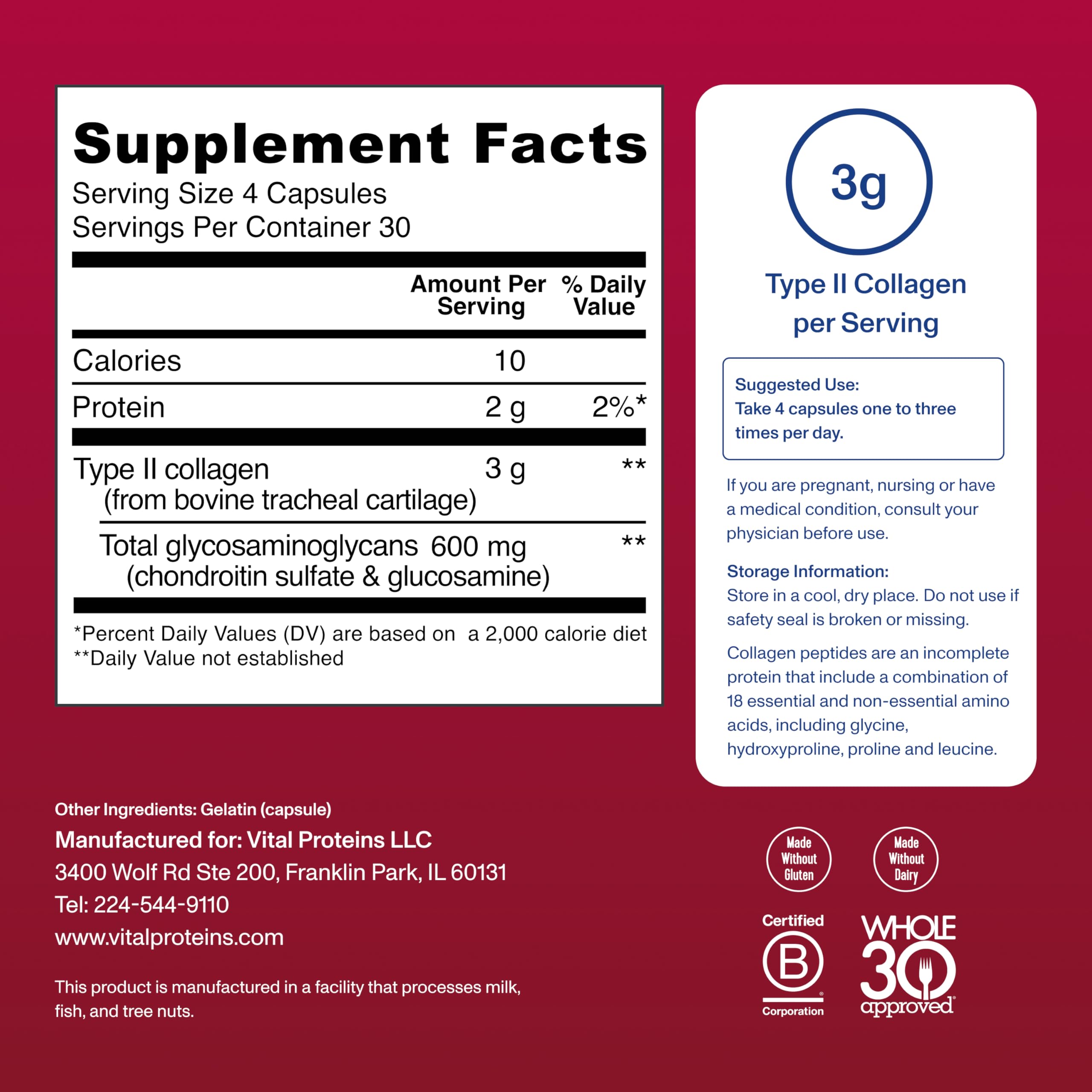 Vital Proteins Cartilage Capsules daily dose close-up showing a four-capsule serving.