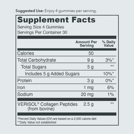 Nutrition label for Vital Proteins Collagen Gummies grape flavor