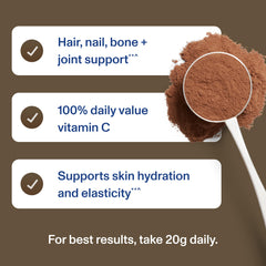 Scoop of chocolate collagen peptides beside a measuring spoon
