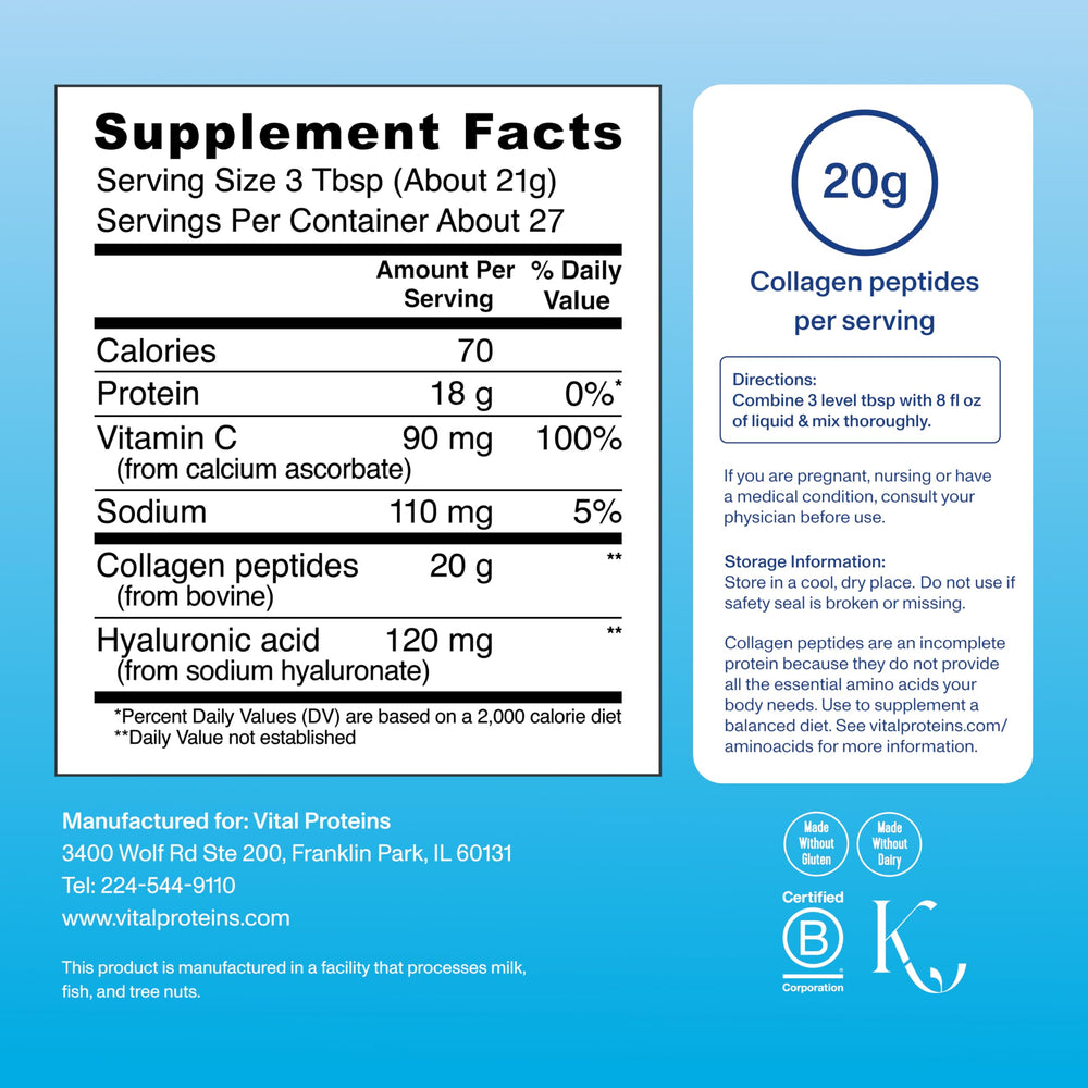 Vital Proteins Collagen Peptides Advanced label highlighting Vitamin C and Hyaluronic Acid.