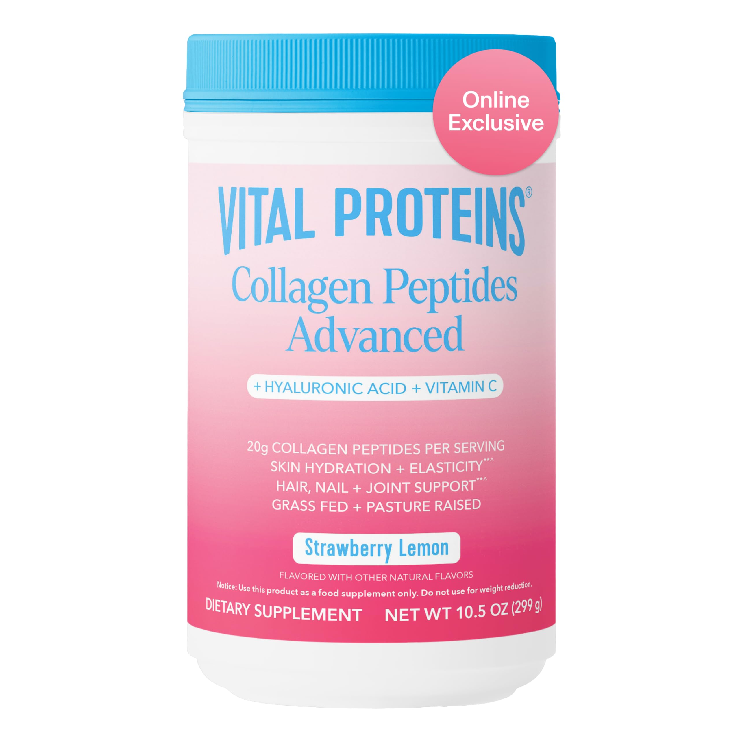 Front view of Vital Proteins Collagen Peptides Advanced Strawberry Lemon 10.5 oz canister