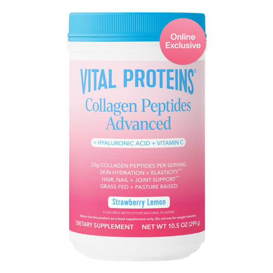 Front view of Vital Proteins Collagen Peptides Advanced Strawberry Lemon 10.5 oz canister
