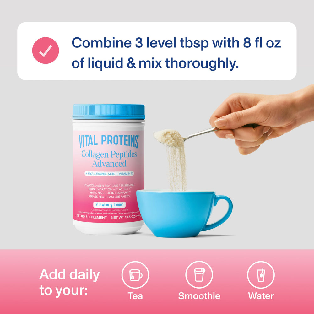 Prepared beverage showing collagen peptides dissolved in liquid