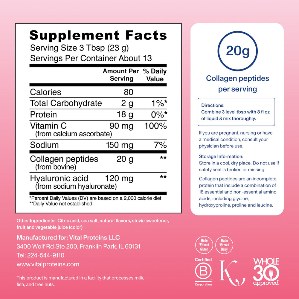 Serving scoop with strawberry lemon collagen peptides powder