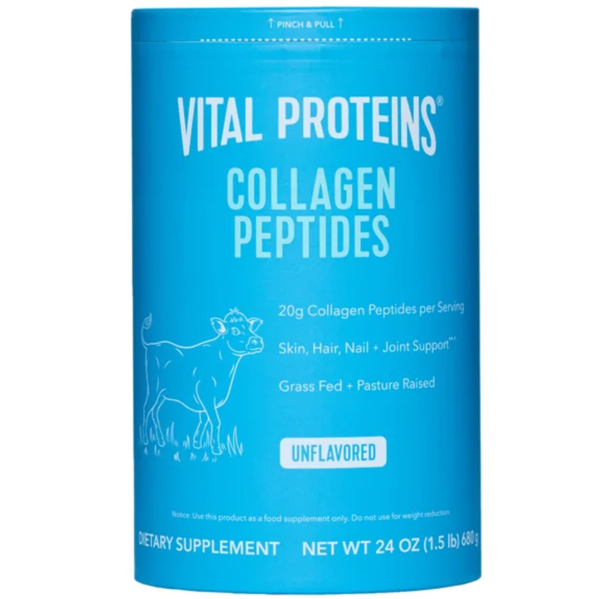 Vital Proteins collagen peptides bottle label showing grass-fed sourcing and purity benefits.