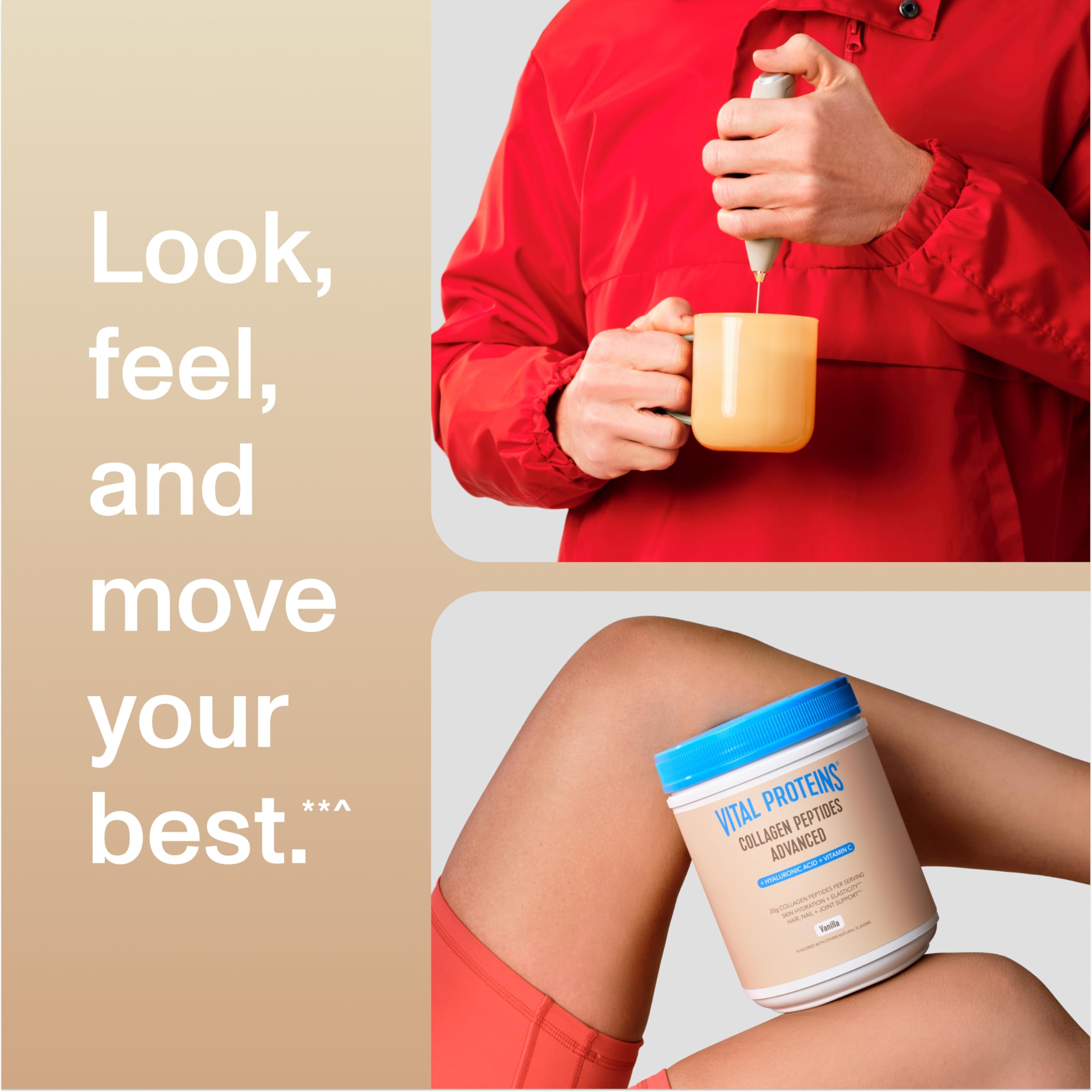 Vital Proteins Collagen Peptides Advanced bottle label shows 120 mg hyaluronic acid and vitamin C.