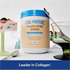 Vital Proteins Collagen Peptides Advanced powder dissolving in coffee for quick mixability.